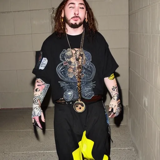 Prompt: post Malone cosplaying as Naruto, incredible outfit, high fashion,