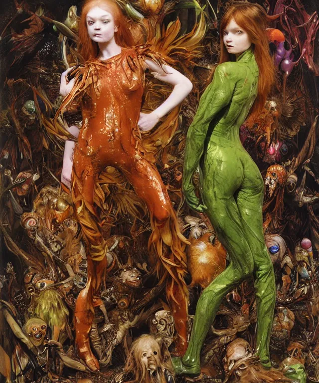 Image similar to a portrait photograph of a mutated harpy super villian with slimy skin and feathers. she looks like sadie sink and is trying on a colorful infected bulbous shiny organic catsuit. by donato giancola, hans holbein, walton ford, gaston bussiere, peter mohrbacher and brian froud. 8 k, cgsociety, fashion editorial