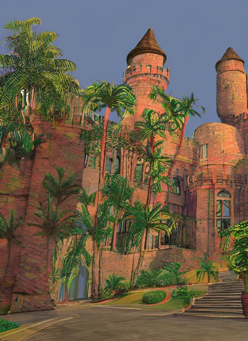 Image similar to highly detailed old castle gta vice city art,, fantasy art by stephen bliss