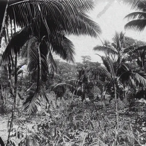Image similar to lost film footage of a sacred artifact in the middle of the ( ( ( ( ( ( ( ( ( tropical jungle ) ) ) ) ) ) ) ) ) / ethnographic object / sacred / film still / cinematic / enhanced / 1 9 0 0 s / black and white / grain