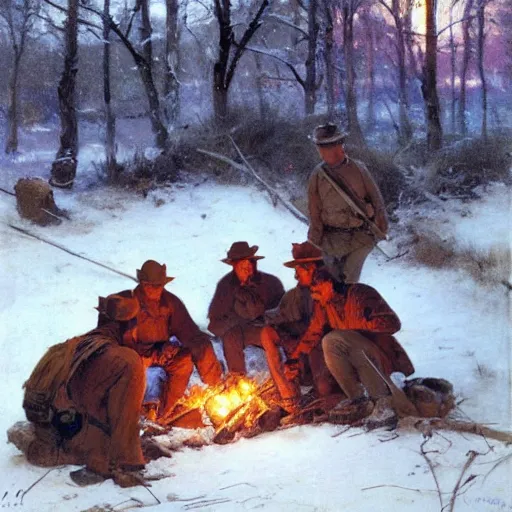 Image similar to civil war soldiers hunkering down in a trench in the snow, huddled around a small campfire for warmth at dusk. warm colors, hard angles, painting by gaston bussiere, craig mullins, j. c. leyendecker