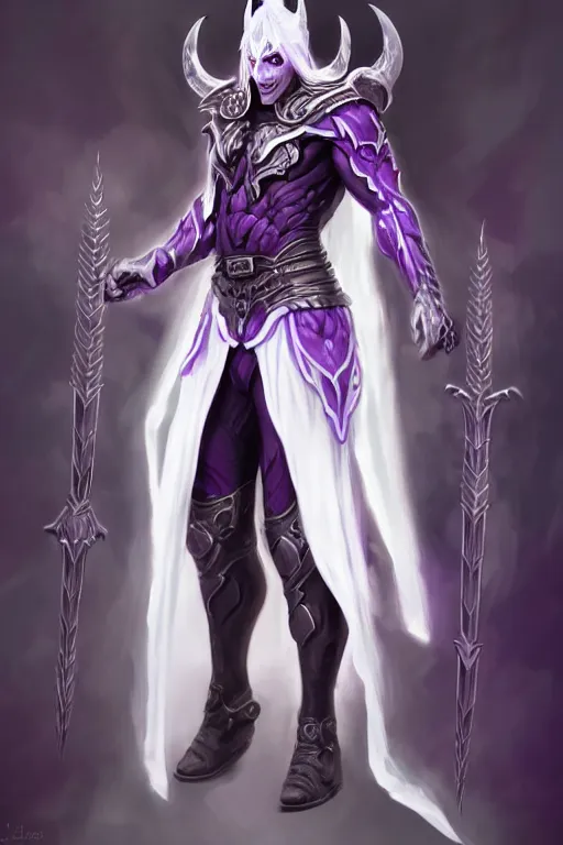 Image similar to human male demon, full body white purple cloak, hero, heavy scale armor, character concept art, costume design, black eyes, white horns, trending on artstation, Artgerm , WLOP