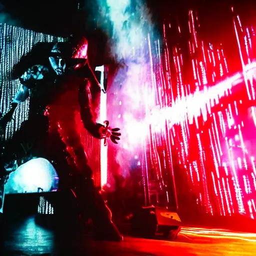 Prompt: dusty Trent Reznor smashing guitars, drum kit, elaborate stage effects, dust, smoke, giant LED screens, colored projections, ultrafine detail, goth cybersuit, glowing thin wires, smoke, high contrast, projections, associated press photo, masterpiece