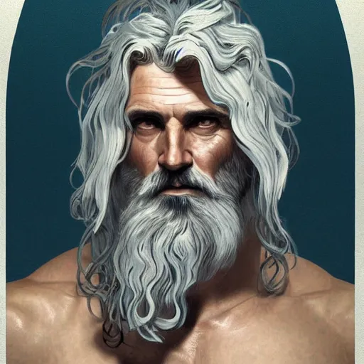 Image similar to painted portrait of rugged zeus, greek god, 4 0 years old, handsome, white hair, soft hair, upper body, muscular, hairy torso, fantasy, intricate, elegant, highly detailed, digital painting, artstation, concept art, smooth, sharp focus, illustration, art by alphonse mucha