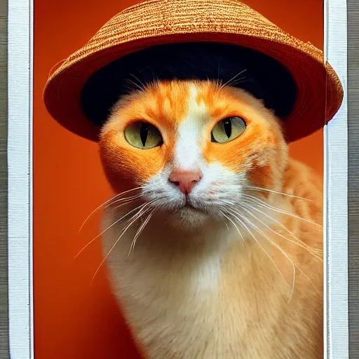 Prompt: A portrait of a orange cat wearing a small vietnamese straw hat, award winning photo, polaroid, color photo