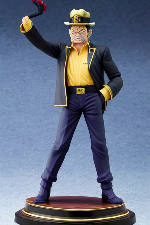 Image similar to still high quality figurine of president lula as jotaro, tsurime eyes, tareme eyes, personification, dynamic pose, detailed product photo, featured on amiami, tone mapped, beautiful composition, 8 5 mm, f. 1 4