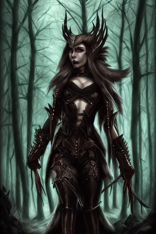 Image similar to dramatic dark forest scenery, girl with sharp fangs in hide leather armor, high fantasy concept art, poster