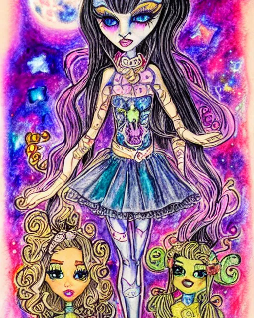 Prompt: josephine wall watercolor pencil drawing of a monster high doll fullmoon, stars, sigils and doodles around her