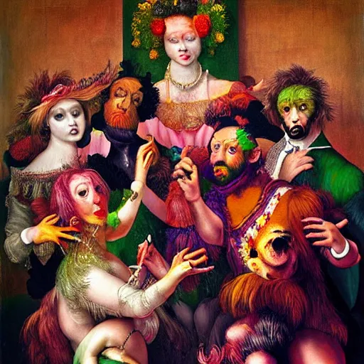 Prompt: young people in a fancy nightclub dancing and drinking, partylights, great colors, in the style of giuseppe arcimboldo, trending on artstation