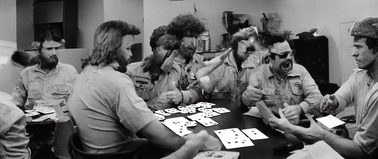 Image similar to a high quality extreme wide establishing shot hd 4 k film 3 5 mm color photograph of a group of grizzled caucasian male civilian military contractors sitting at a square table playing cards in a dimly lit breakroom smoking ciggarettes, one of them gives a sarcastic thumbs up towards the camera in 1 9 8 2