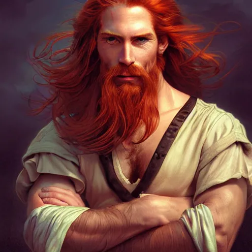 Prompt: portrait of a young ruggedly handsome but joyful pirate, male, masculine, upper body, red crimson hair, long flowing hair, fantasy, wide smirk, intricate, elegant, highly detailed, digital painting, artstation, concept art, matte, sharp focus, illustration, art by artgerm and greg rutkowski and alphonse mucha