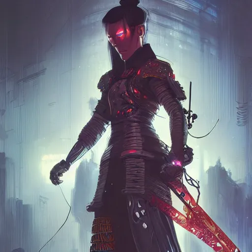 Image similar to cyberpunk samurai ,with techware , D&D, intricate, elegant, highly detailed, digital painting, japanese , altered carbon style,trending on artstation, concept art, illustration, art by Artgerm and Greg Rutkowski and Alphonse Mucha