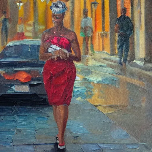 Prompt: intricate, detailed oil painting of a female socialite wandering the streets of new orleans.