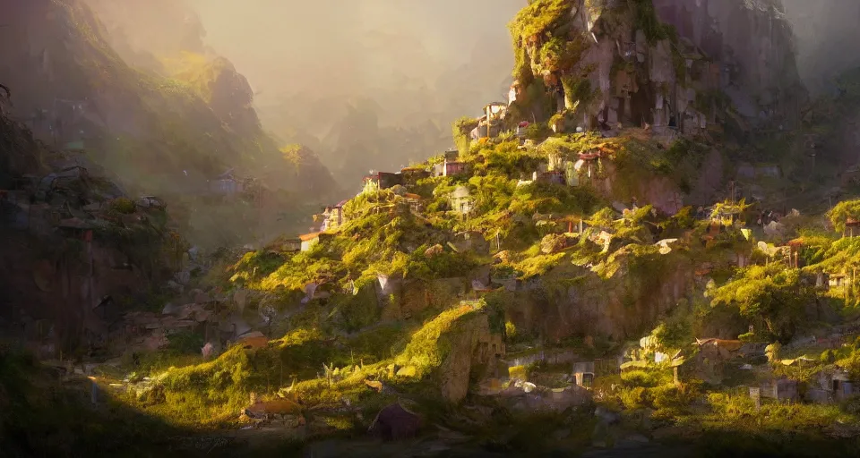 Image similar to natural beauty village on a mountain slope, realistic concept art, eytan zana, one pixel brush, lavander and yellow color scheme, dramatic lighting, concept art, trending on artstation