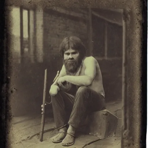 Prompt: Daguerreotype of a caveman at a train station (1867),