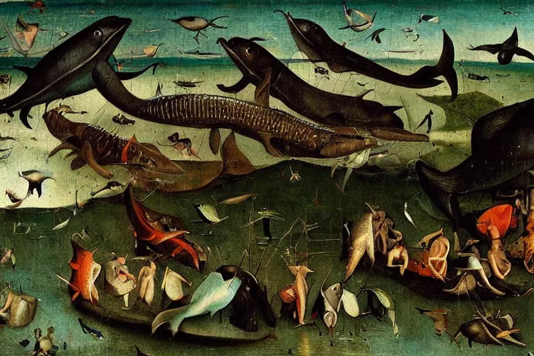 Prompt: a lake filled with fish people, dolphins, flippers hybrid half man half fish, monstruous dolphins, lizards, frogs, toads, jumping flying and eating frogs, close up detail of a masterpiece painting by hieronymus bosch