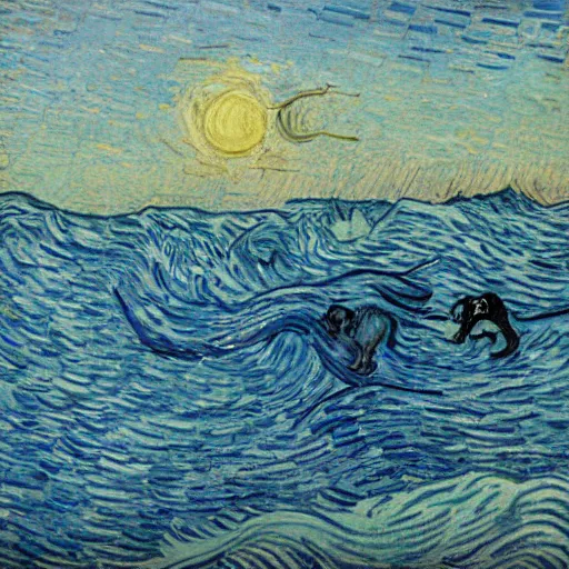 Image similar to dog and a cat surfing the sea during twilight in van gogh style