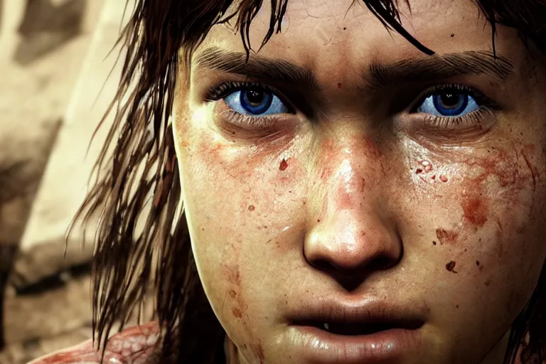 Image similar to an amazing photo, extreme close-up of the face of ellie from The last Of Us, award winning photo, very detailed, cinematic, beautiful lighting effects