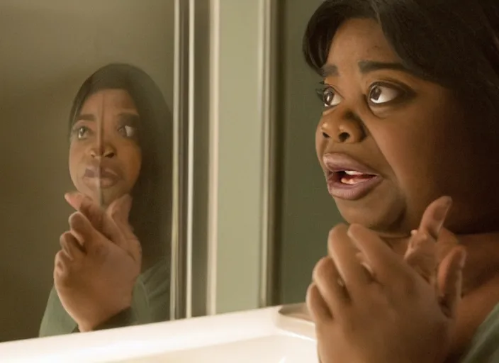 Image similar to cinematic portrait of panicking octavia spencer talking to the bathroom mirror, scene from the tense thriller film ( 2 0 0 1 ) directed by spike jonze, hyper - detailed face, dramatic backlit window, volumetric hazy lighting, moody cinematography, 3 5 mm kodak color film, anamorphic wide angle lens