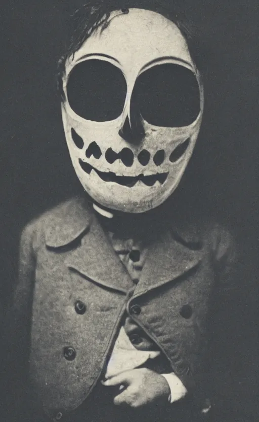 Image similar to a portrait photograph of a victorian wearing a scary vintage halloween mask, creepy, atmospheric, cinematic lighting, epic scene, 1 9 2 0 color photograph