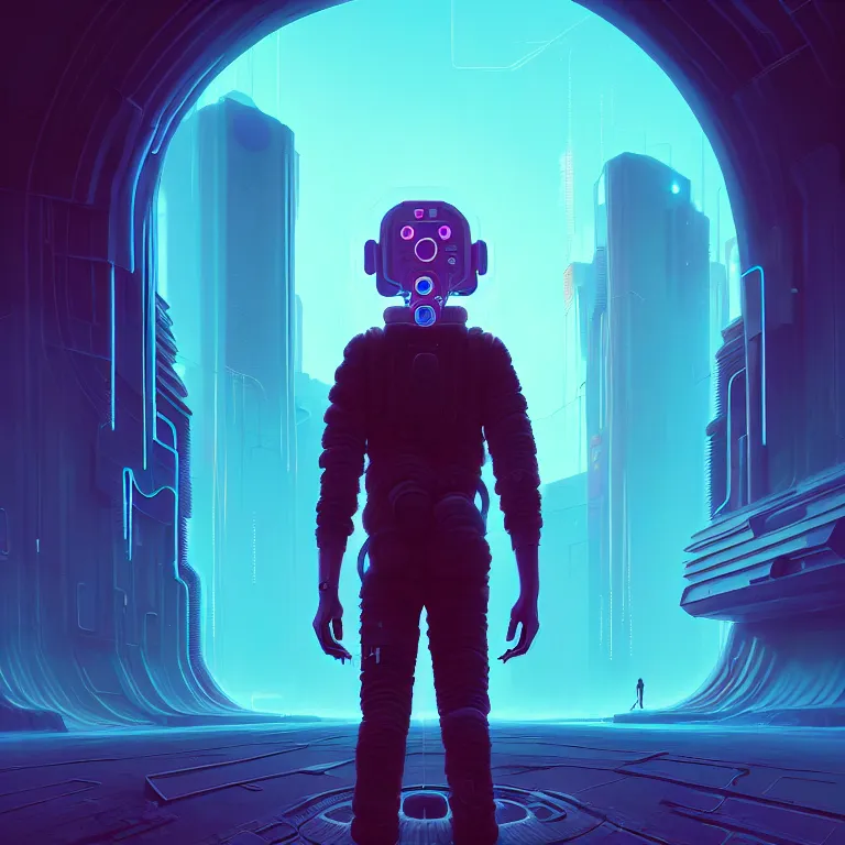 Image similar to a person standing in front of a portal, cyberpunk, epic surrealism, detailed digital matte painting in the style of simon stalenhag, josan gonzalez, artstation, psychedelic