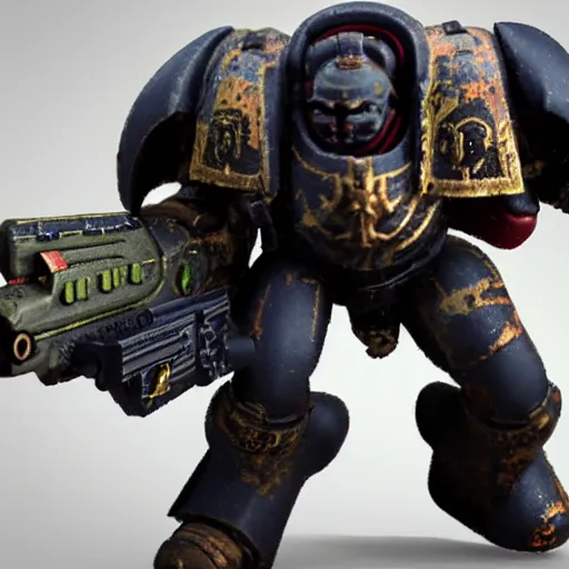 Image similar to chaos space marine shooting his bolter, ultra realistic, octane render