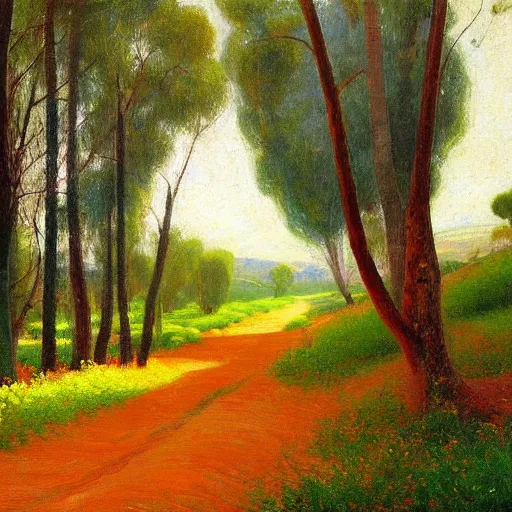 Image similar to a painting of a dirt road surrounded by eucalyptus trees and california golden poppies, woodland hill in the distance. an oil painting by Julian Onderdonk, green orange violet triadic color palette, featured on deviantart, australian tonalism, pre-raphaelite, impressionism, detailed painting