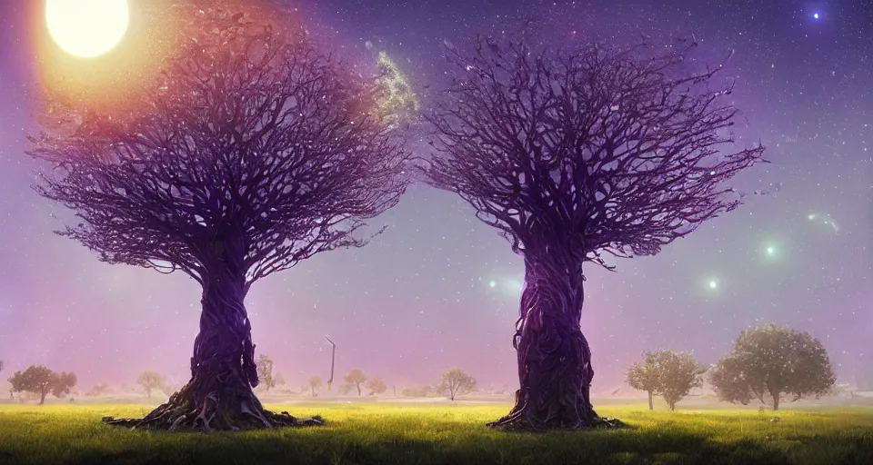 Prompt: cosmic tree of life made of stars, center composition, cinematic, rendered by simon stålenhag, rendered by Beeple, Makoto Shinkai, syd meade, environment concept, digital art, starwars, unreal engine, 3 point perspective, WLOP, trending on artstation, low level, 4K UHD image, octane render,