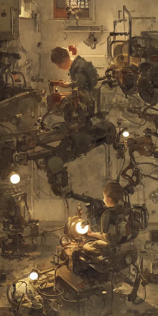 Image similar to a boy fixing his robot, part by Norman Rockwell, part by Greg Rutkowski , part by Mattias Adolfsson, high angle, ((volumetric lighting)), oil on canvas