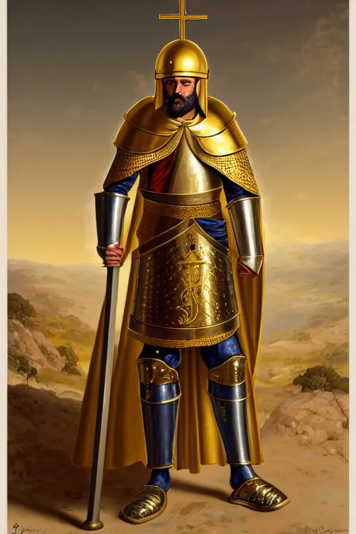 Prompt: man looking forward in decorated with gold baroque style christian crusader armor, cylindrical helmet covering all his head decorated with golden cross on front it's front and white cape covering most of his body standing at the gates of jerusalem drawn by greg rutkowski realistic high detail