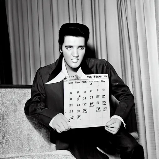 Image similar to Elvis Presley holding up a calendar for August 2022