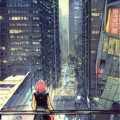 Image similar to “ a girl on a ledge overlooking futuristic new york city, ghostpunk, heavy rain, high detail, by moebius ”