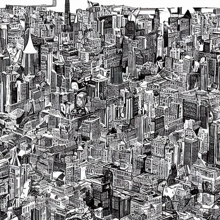 Image similar to a city literally built on rock and roll, trippy black and white comic art