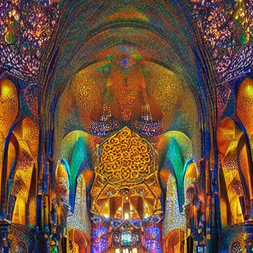 Prompt: cosmic cathedral created by the gods, intricate muqarnas, beautiful colors, bold architecture, detailed, 4 k