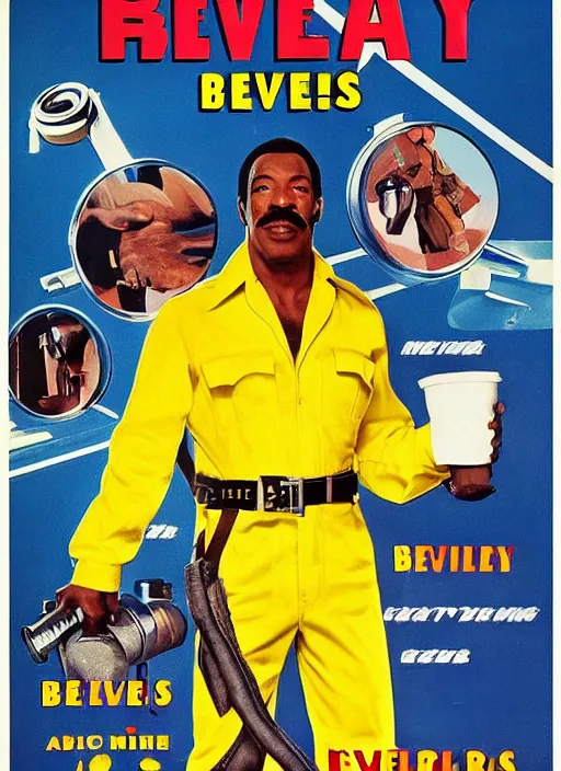Prompt: an 8 0's john alvin action movie poster starring eddie murphy as a plumber to rich people. he's in a bathroom. overalls. exploding toliet. tool belt. the movie is titled beverly hills crap