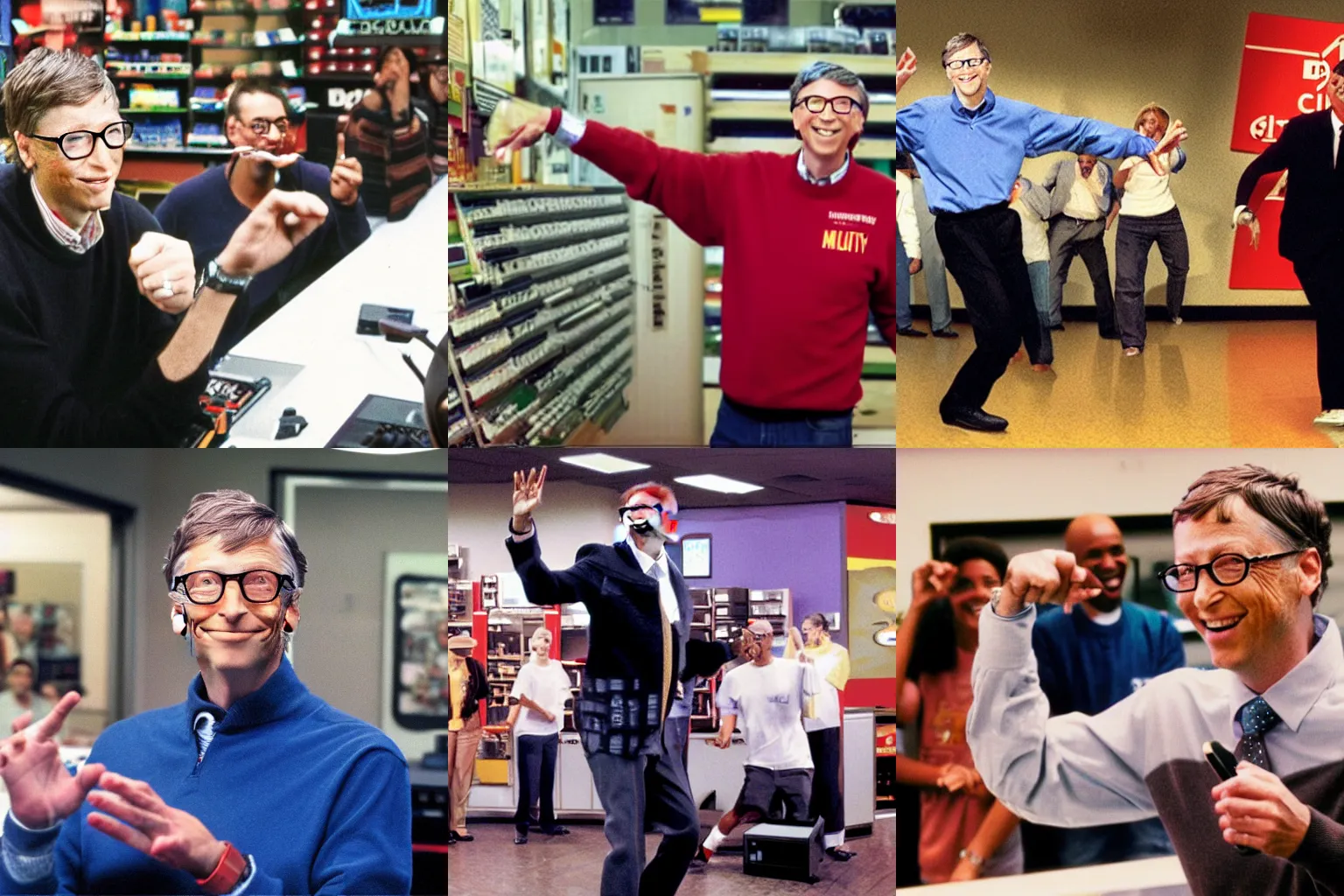 Prompt: bill gates krumping in circuit city