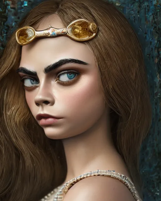 Image similar to closeup face profile portrait of cara delevingne as a tin toy swim champ, bikini, depth of field, zeiss lens, detailed and intricate environment, fashion photoshoot by nicoletta ceccoli, mark ryden, lostfish, breathtaking, 8 k resolution, artistic, hyperrealistic, octane render