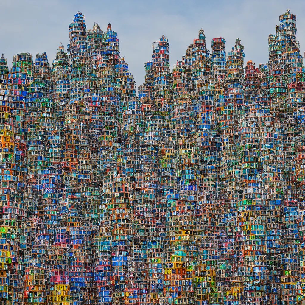 Prompt: circular towers, made up of colourful makeshift squatter shacks, vertical blank spaces, dystopia, sony a 7 r 3, f 1 1, fully frontal view, photographed by jeanette hagglund and terry gilliam