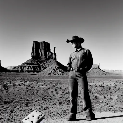 Image similar to a cinematic 5 0 s portrait photography of john wayne eating chocolate chunk space cookies, cowboy, monument valley landscape, farwest,