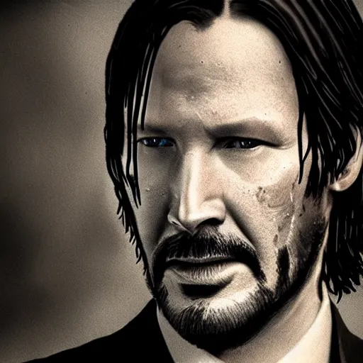 Image similar to A wet-collodion styled portrait of John Wick. Depth of field, smoke, high contrast, extremely detailed.