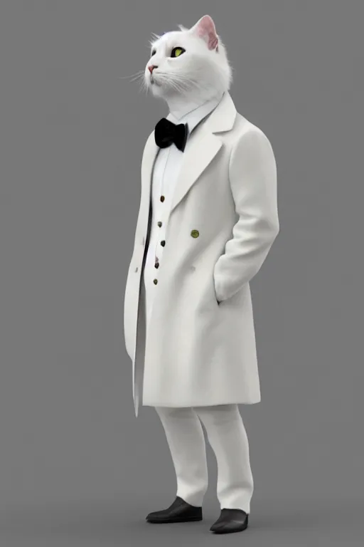 Image similar to a white cat wearing a formal overcoat, hyperrealistic, concept art, octane render, unreal engine 5, trending on DeviantArt, highly detailed, high quality, 8K, soft lighting, cute, studio background, studio lighting, realistic face, trending on Artstation, elegant clothes, profile picture