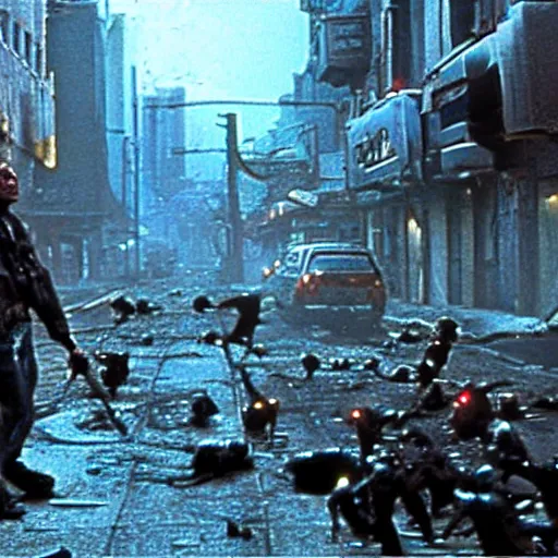 Prompt: a movie by James Cameron showing a gritty, futuristic street being swarmed by rabies infected cybernetic rats.