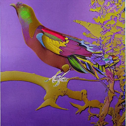 Image similar to by n. c. wyeth psychedelic purple monumental, incredible. a beautiful conceptual art of a bird in its natural habitat. the bird is shown in great detail, with its colorful plumage & intricate patterns. the background is a simple but detailed landscape, with trees, bushes, & a river.