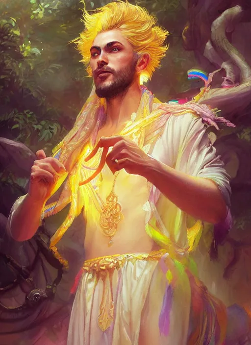 Image similar to a beautiful detailed painting of a gypsy male bard in colorful rainbow firion ornate robes robes, pale skin, white hair, yellow eyes, master of dreams art by jon foster trending on artstation painted by greg rutkowski, painted by stanley artgerm