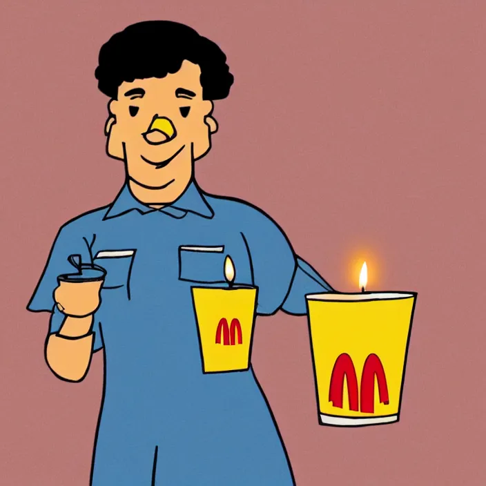 Prompt: a cartoon of a mcdonald's employee holding a candle