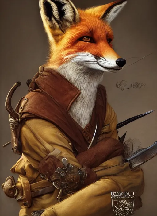 Prompt: portrait of a fox - faced ranger, dnd, gwelf, highly detailed, perfect lighting, perfect composition, 8 k, by artgerm, brian froud, larry macdougall, jean - baptiste monge, cgi