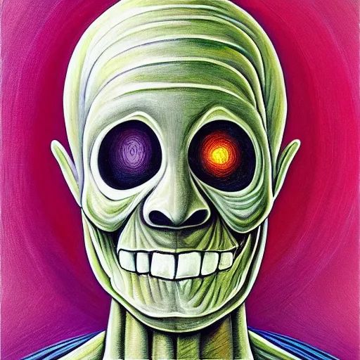 Prompt: conehead teletubbies skeleton anatomy self portrait, alex grey painting