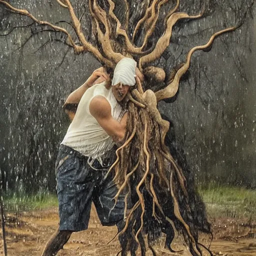 Image similar to The performance art shows a man caught in a storm, buffeted by wind and rain. He clings to a tree for support, but the tree is bent nearly double by the force of the storm. The man's clothing is soaked through and his hair is plastered to his head. His face is contorted with fear and effort. magenta by Alexej von Jawlensky, by Jamie Hewlett unplanned, defined