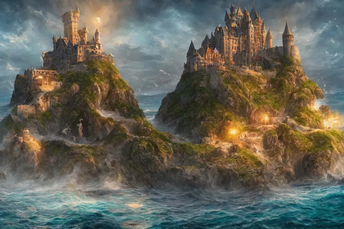 Image similar to an epic fantastic realism painting of a castle city being devoured by the ocean, 8 k, ultra realistic, lens flare, atmosphere, glow, detailed, intricate, full of colour, cinematic lighting, trending on artstation, 4 k, hyperrealistic, focused, extreme details, unreal engine 5, cinematic, masterpiece