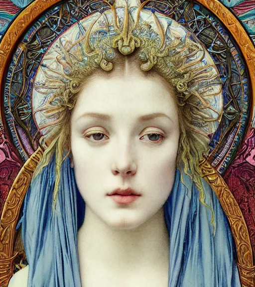 Prompt: detailed realistic face portrait of a beautiful young princess of blue crows in ornate robes, face in focus, sharp focus, by jean delville, james jean, h. r. giger, john william godward, ernst haeckel, maxfield parrish, alphonso mucha, art nouveau, neo - classical, symbolist, visionary, pre - raphaelite